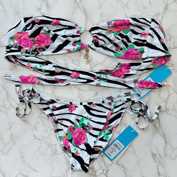 Beach Bunny Bethany Bandeau & Constance Tie Side Bottom - Zebra Rose SZ XL $190 - Picture 10 of 14